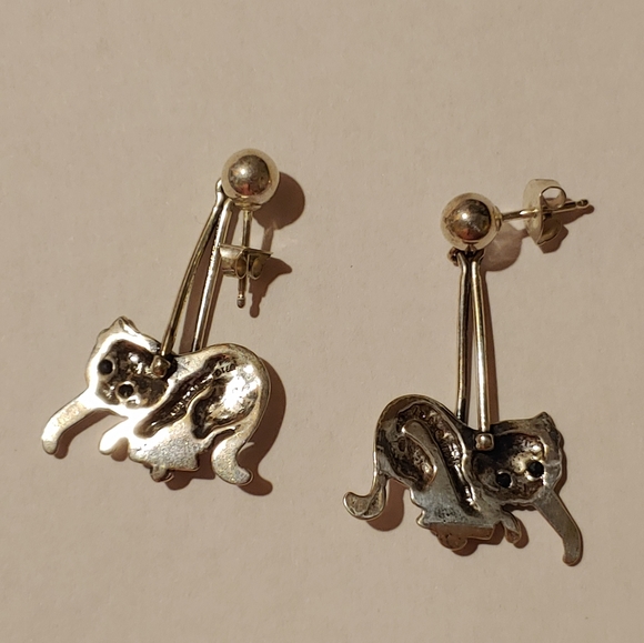 Sterling Silver Cat on Swing Sapphire Earrings Car Lady Cat Lover - Picture 3 of 4